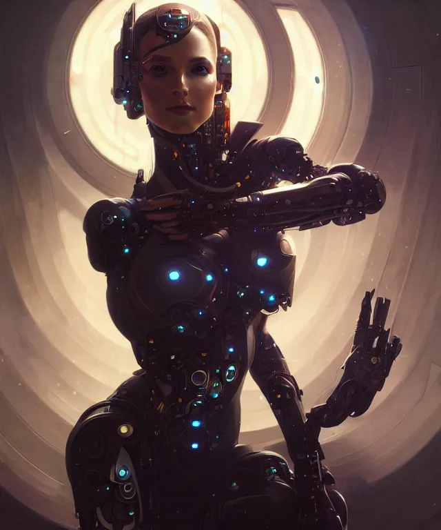 Image similar to futuristic cyborg, sci-fi, amber eyes, face, long hair, fantasy, intricate, elegant, highly detailed, digital painting, artstation, concept art, smooth, sharp focus, illustration, art by artgerm and greg rutkowski and alphonse mucha