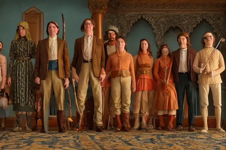 Image similar to A group of 5 adventurers lined up for a group portrait, Screenshot of Wes Anderson's New High Fantasy Movie, directed by Wes Anderson, Chest high, Photo realistic, Regal, Formal, Cinematic, Symmetrical, Satisfying dynamic lighting, Highly Detailed, Cinematic Lighting, 8k, HD