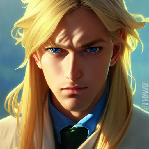 Image similar to highly detailed vfx portrait of a blond centre parting pretty boy with blue eyes by eiichiro oda, makoto shinkai, alphonse mucha, sakimichan, sharp focus, art by artgerm and greg rutkowski!, backlit, harsh overhead sunlight, detailed,