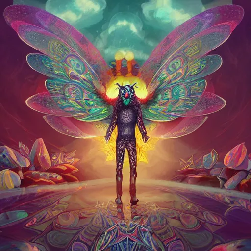 Image similar to 8K centered headshot Portrait of a psychedelic godlike mothman with giant mandala wings smoking a hand-rolled cigarette smoking heavily , magic mushroom village in background , post-processing , award winning. superb resolution. in the art style of Satoshi Kon and Greg Rutkowski . Detailed Mushroom city in background. Hyper realistic anime. Perfect art. Dalle2