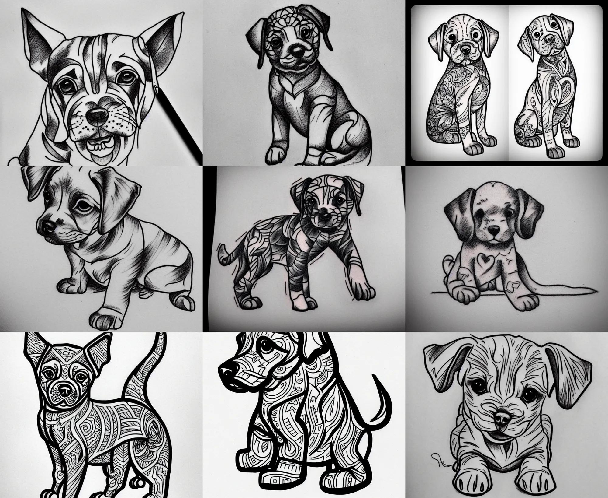 Image similar to Tattoo Design line sketch adorable full body Puppy, bold strong lines very highly aesthetic