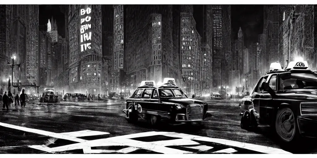 Image similar to cartoonish taxi through the streets of chicago, black and white, night time, dramatic lighting, german expresionism, noir film, character sheet, fine details, concept design, contrast, kim jung gi, greg rutkowski, trending on artstation, 8 k, full body, turnaround, front view, back view, ultra wide angle