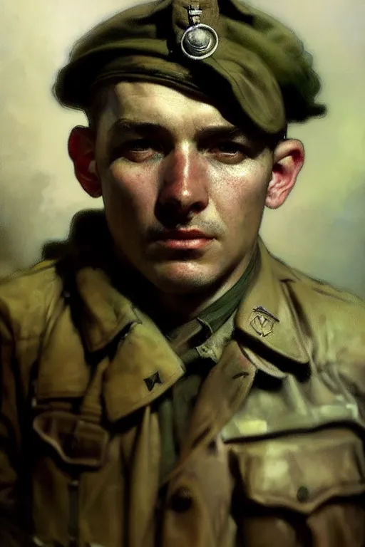 Prompt: hyperrealist portrait of a ww 2 soldier by jeremy mann and alphonse mucha, fantasy art, photo realistic, dynamic lighting, artstation, poster, volumetric lighting, very detailed faces, 4 k, award winning