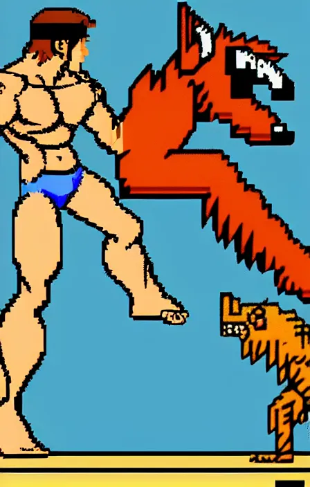 Prompt: extreme long shot. antropomorphic muscular masculine furr wolf. kickboxer, in shorts. wolf head. furr on body. 8 bit nes graphics. nes game, 8 0's