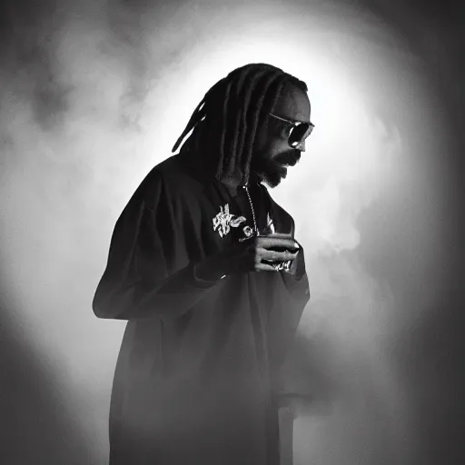 Image similar to a dramatic photograph of snoop dog smoking a joint while contemplating a magical portal to the beyond, ground haze, dramatic lighting, filmic, cinematographic