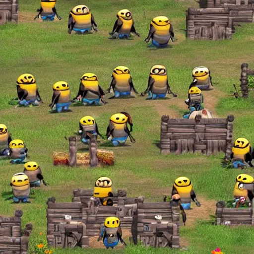 Image similar to a group of cute giant minions standing near a Town Center in the game Age of Empires, realistic minions