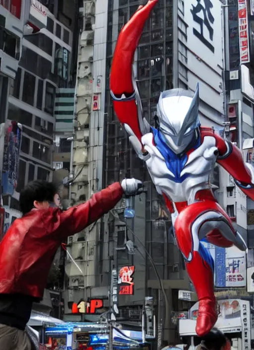 Image similar to The giant kyodai hero Ultraman was fighting with Zetton in the streets of Tokyo.Ultraman style.