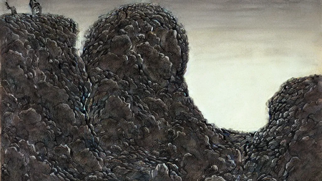 Prompt: close up of two men looking up the sky. the sky is totally black but the ground is full of rocks and vegetation. art by zdzisław beksinski