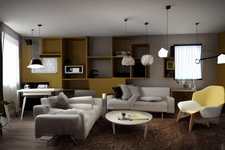 Prompt: cozy bauhaus room interior design with computer