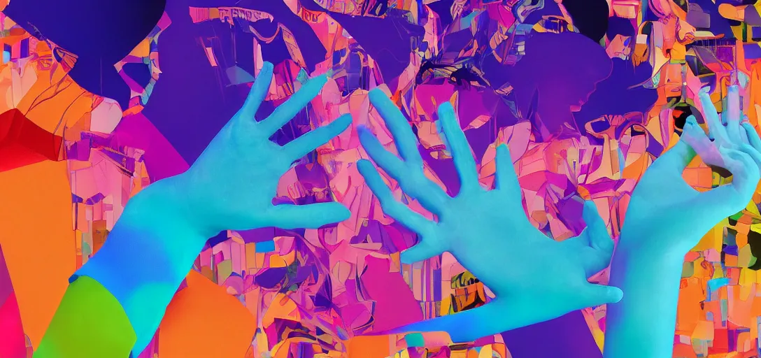 Prompt: xray of couple hands holding, colourful vfx art, art by hsiao, ron cheng, james jean, presented as magazine collage style, volumetric light, colourful, sharp, detailed, digital painting, illustration, illustration, magazine collage, highly detailed, intricate detail, unreal engine, octae render