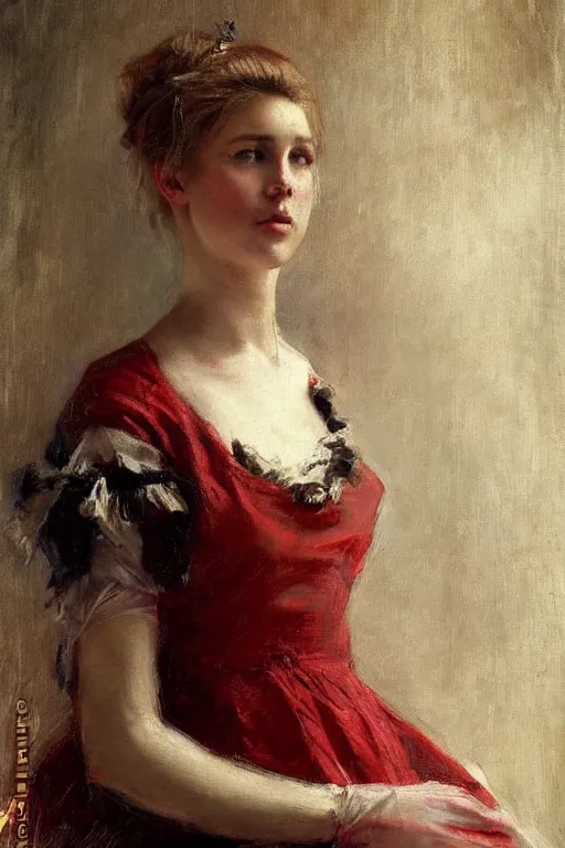 Image similar to Solomon Joseph Solomon and Richard Schmid and Jeremy Lipking victorian genre painting full length portrait painting of a young beautiful woman traditional german french barmaid in fantasy costume, red background