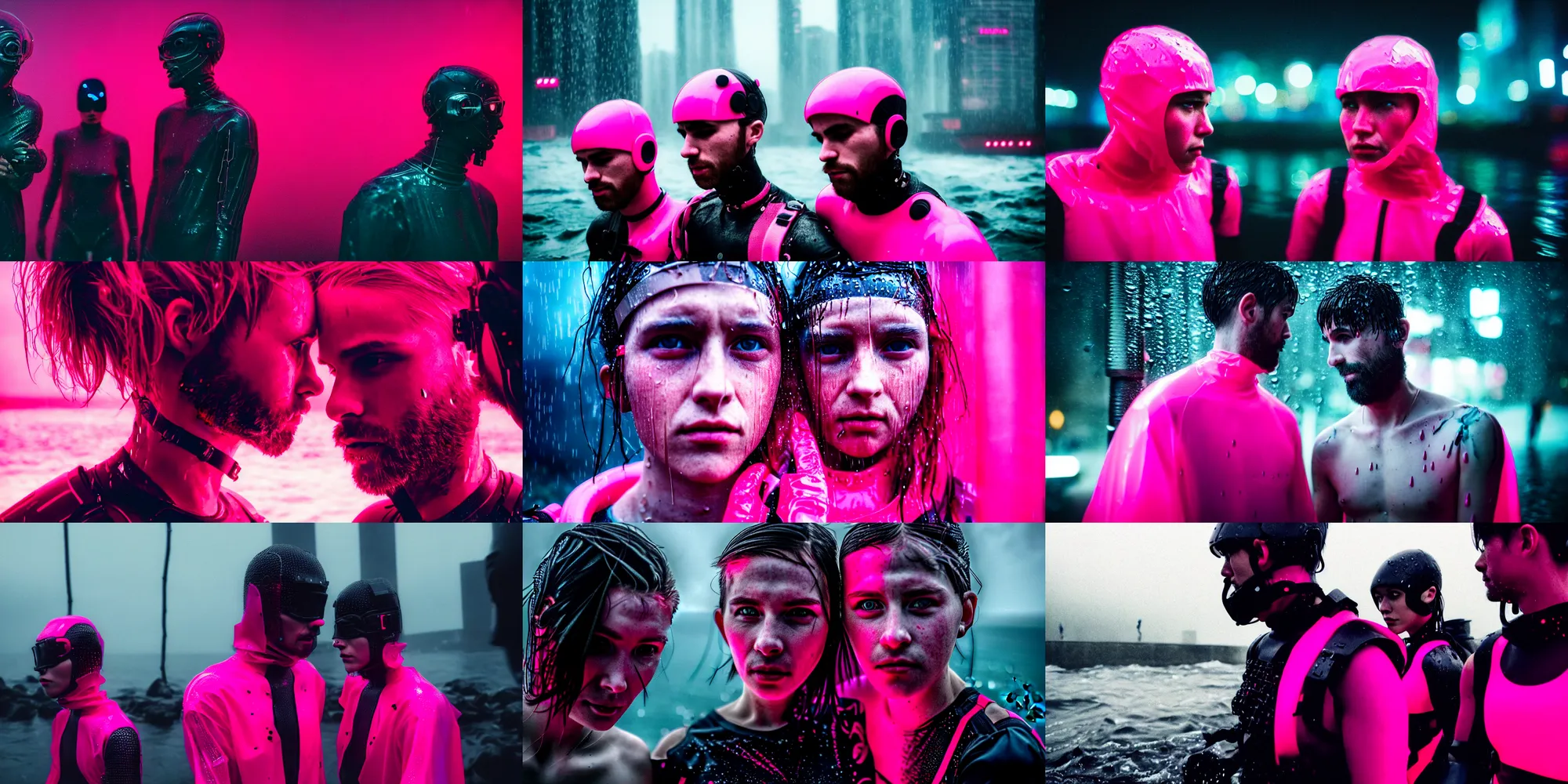 Prompt: cinestill 5 0 d candid photographic portrait by robert capas of two cyborgs wearing rugged neon pink mesh techwear in treacherous waters, extreme closeup, bokeh, modern cyberpunk moody depressing cinematic, pouring rain, 8 k, hd, high resolution, 3 5 mm, f / 3 2, ultra realistic faces, ex machina