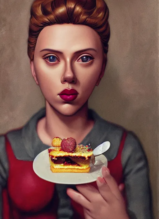 Image similar to closeup portrait of tin toy scarlett johansson eating cakes, depth of field, zeiss lens, detailed, symmetrical, centered, fashion photoshoot, by nicoletta ceccoli, mark ryden, lostfish, earl nore, hyung tae, frank frazetta, breathtaking, 8 k resolution, extremely detailed, beautiful, establishing shot, artistic, hyperrealistic, octane render