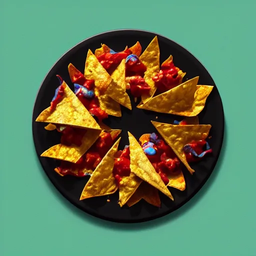 Prompt: photorealistic plate of nachos. hyperdetailed photorealism, 1 0 8 megapixels, amazing depth, rich colors, powerful imagery, 3 d finalrender, 3 d shading, cinematic lighting, artstation concept art