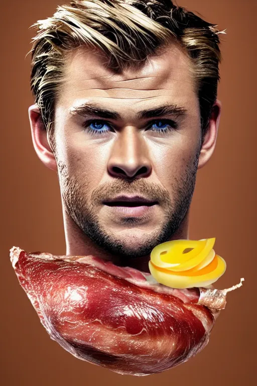 Image similar to 📷 chris hemsworth face on ham, made of food, head portrait, dynamic lighting, 4 k