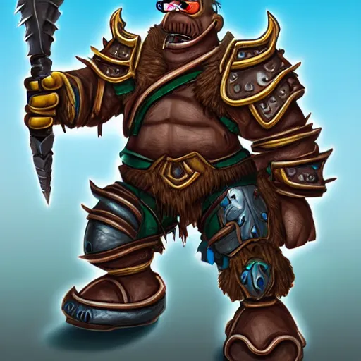 Image similar to Homer Simpson as an Orc Warrior in the style of World of Warcraft, detailed digital painting