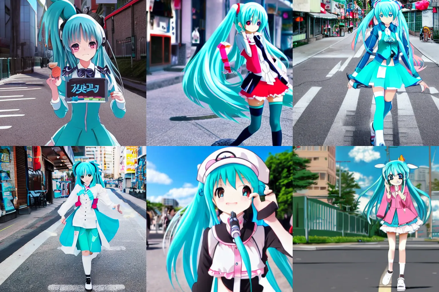 Prompt: a anime girl Hatsune Miku is happily walking and eating hamburgers, in street