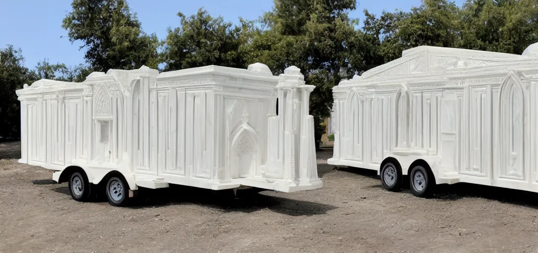 Image similar to islamic and indian - inspired ivory - white marble tiny mausoleum on trailer