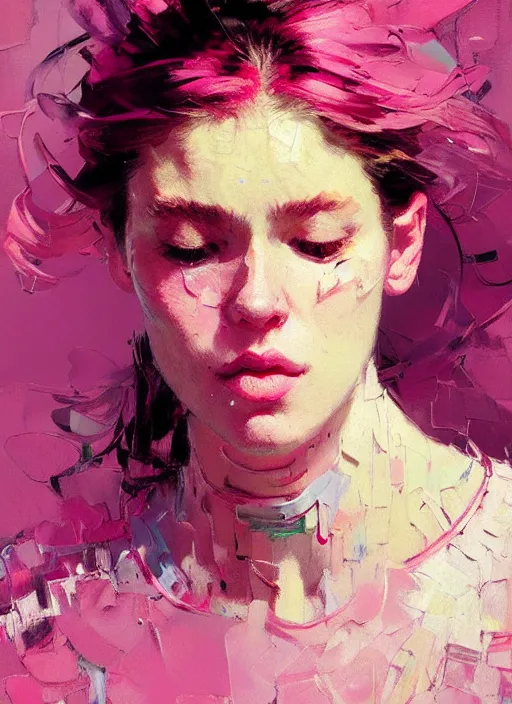 Image similar to portrait of a beautiful girl, eyes closed, open mouth, strong emotions, shades of pink, beautiful face, rule of thirds, intricate outfit, spotlight, by greg rutkowski, by jeremy mann, by francoise nielly, by van gogh, digital painting