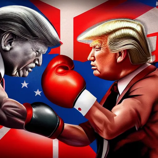 Prompt: Trump and Xi Jinping slapping each other in a boxing fight, highly detailed, hyperrealistic, photograph, 4k, artstation