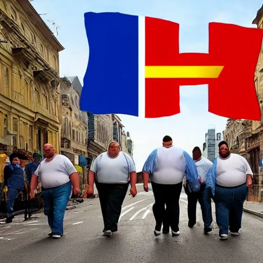 Image similar to a group of obese men walking through a street, the romanian flag is in the background in the sky, hyper realistic, very detailed.