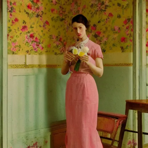 Prompt: a beautiful flowery girl in an soviet golden liminal abandoned room, film still by wes anderson, depicted by balthus, limited color palette, very intricate, art nouveau, highly detailed, lights by hopper, soft pastel colors