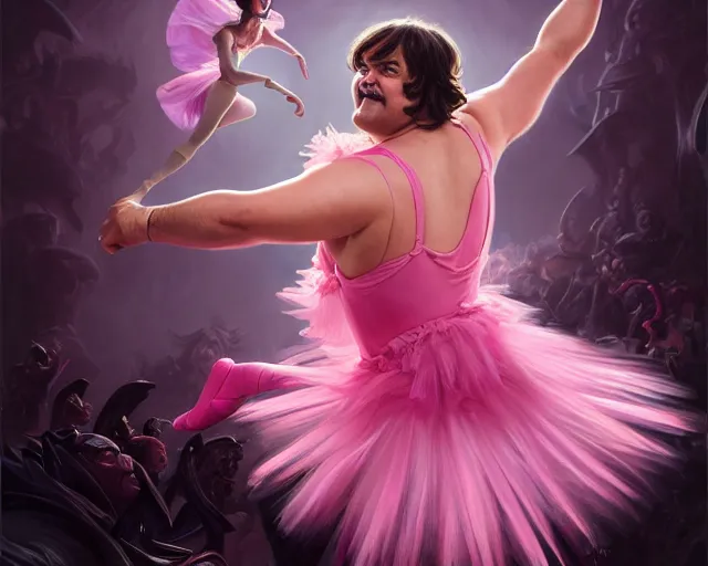 Image similar to photography of jack black dancing in a pink ballerina outfit, full body shot, deep focus, d & d and mtg, fantasy, intricate, elegant, highly detailed, digital painting, artstation, concept art, matte, sharp focus, illustration, hearthstone, art by artgerm and greg rutkowski and alphonse mucha