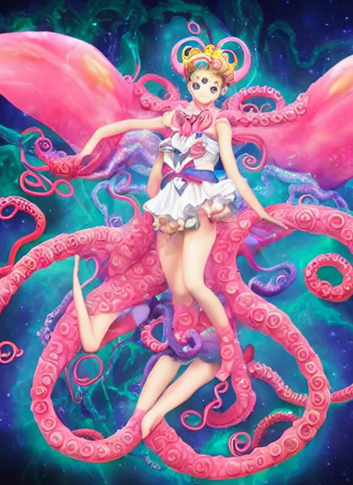 Image similar to A full shot of a sailor moon inspired Kawaii sea creature from the Abyss covered and opals and tentacles. Fully Clothed. F1.4. Symmetrical. Dark Smoke and VFX. Caustics refraction. Prism light. Demon Horns, Angel Wings, By Lisa Frank and Giger and Ruan Jia and Artgerm and Range Murata and WLOP. Key Art. Fantasy Illustration. award winning, Artstation, intricate details, realistic, Hyperdetailed, 8k resolution.