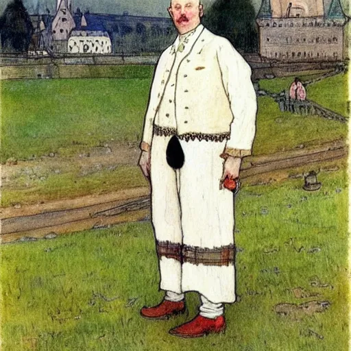 Image similar to painting by carl larsson, cow, dressed, anthropomorphic!!, wearing!!! clothes!!!, standing next to royal castle!!!