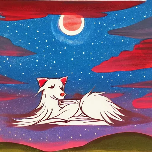 Image similar to okami!!!!!!! resting under a sky full of stars, by a deep!! river, calm, acrylic on canvas, okami, okami, okami, okami, okami, okami, cel shaded, cel shaded, cel shaded, cel shaded