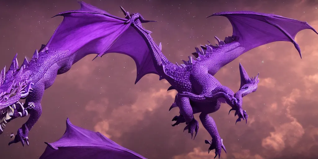 Image similar to highly detailed a purple dragon wearing a crown flies through space, 4 k, photorealistic, unreal 5