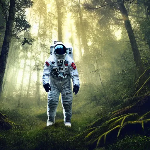 Prompt: an astronaut scans the lush forest, digital art, epic composition, highly detailed, cinematic lighting