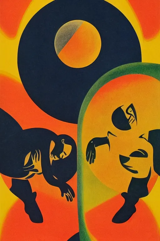 Image similar to poster of the sun and the moon, 1 9 5 0 s style, futuristic design, dark, symmetrical, washed out color, centered, art deco, 1 9 5 0's futuristic, glowing highlights, intense