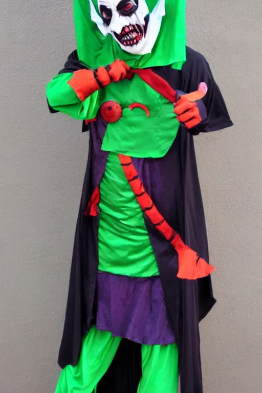 Prompt: scary dark jester halloween costume, best of halloweencostumes, man in a jester costume,