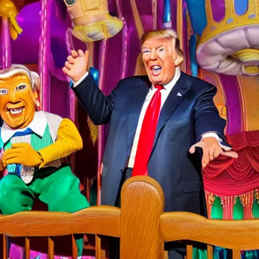 Prompt: donald trump and greg abbott and ron desantis as puppets inside the its a small world ride at disneyland, highly detailed, high definition, ultra realistic