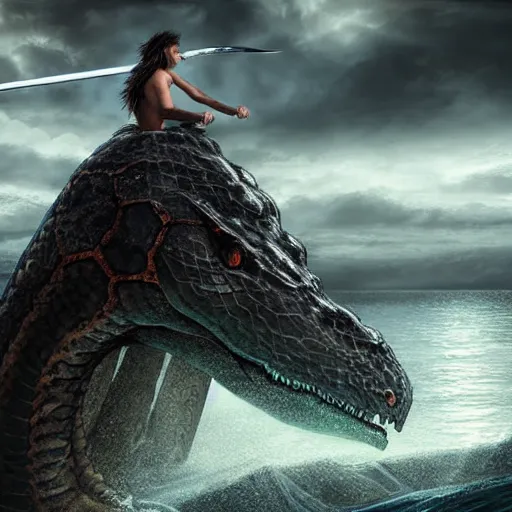 Prompt: a dramatic digital art of a teenage boy with long hair holding a sword while standing on the edge of a cliff over looking water, coming out of the water is a giant serpent water monster looming over the boy with it's mouth open, dramatic digital art, ambient lighting, art station winner, 8 k, very detailed