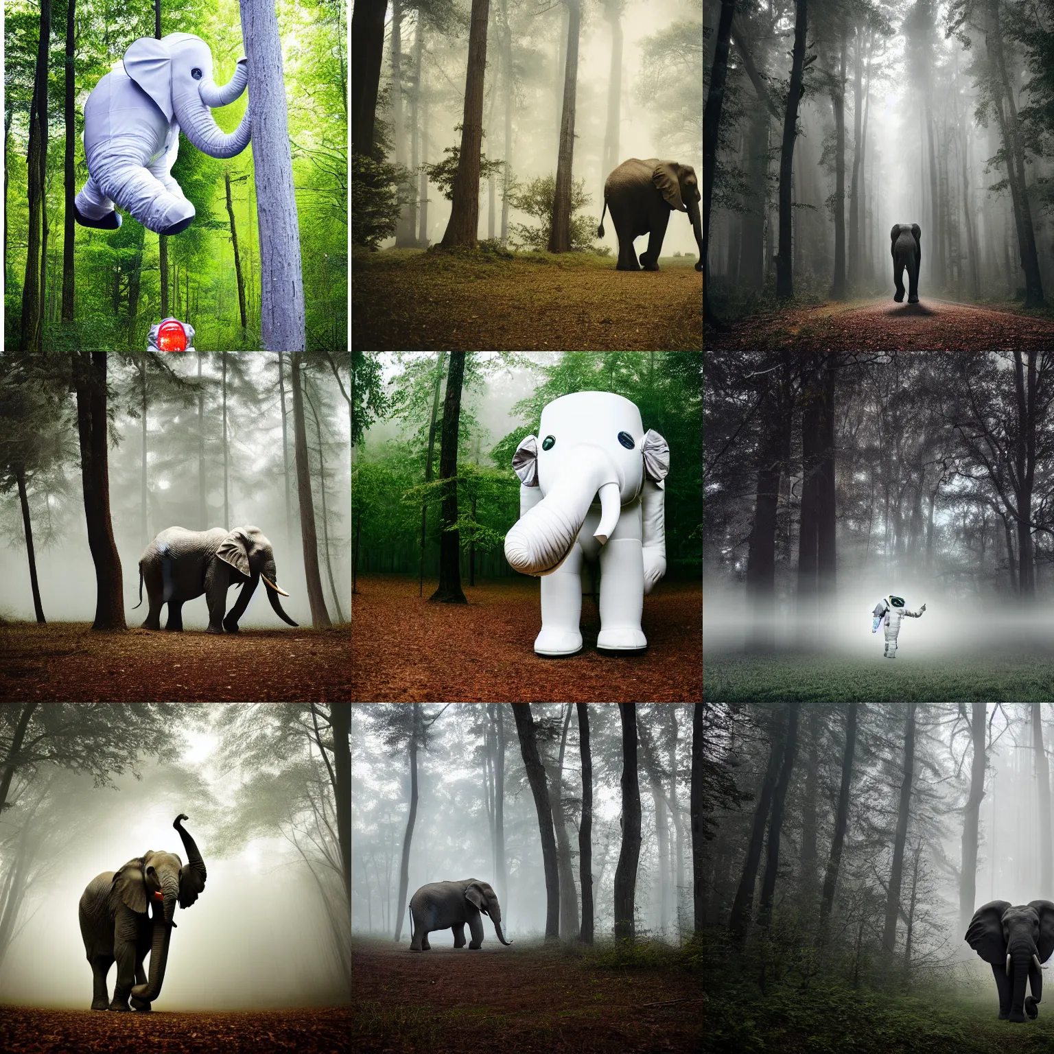 Prompt: giant elephant in white spacesuit as astronaut in the woods, foggy mood, overcast bokeh - c 6