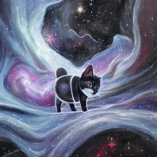 Image similar to a painting of a black and white cat in a cosmic scenic environment, hyperdetailed, beautiful, stars, planets, nebula, trending on artstation