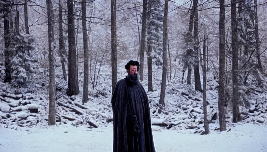 Prompt: 1 9 6 0 s movie still close up of marcus aurelius wearing dark drapery frozen to death under the snow by the side of a river with gravel, pine forests, cinestill 8 0 0 t 3 5 mm, high quality, heavy grain, high detail, texture, dramatic light, anamorphic, hyperrealistic, detailed hair, bright sun