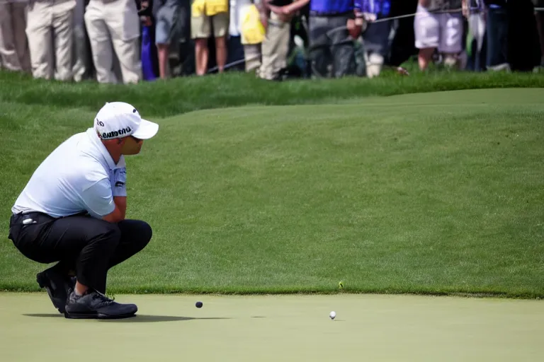 Prompt: A photograph of a raven missing a putt at PGA Tour