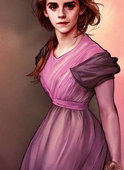 Prompt: emma watson at hogwarts!! at the yule ball wearing elegant pink and purple dress. beautiful detailed face. by artgerm and greg rutkowski and alphonse mucha