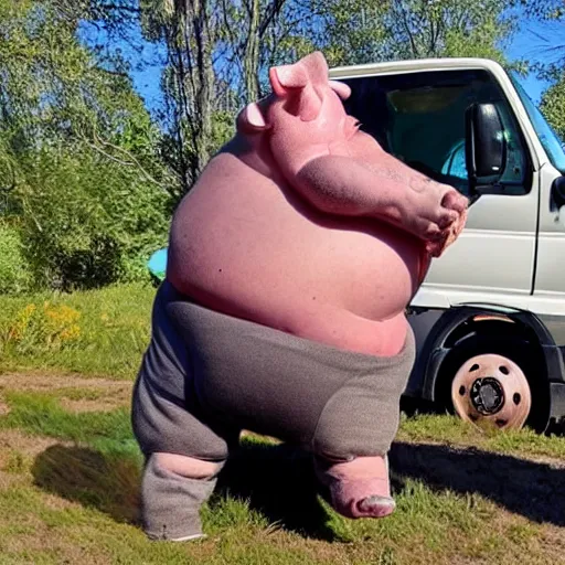 Prompt: photo of : a tough old fat trucker has a small piglet between his legs and he is twisting the piglet, in front of his semi - truck.