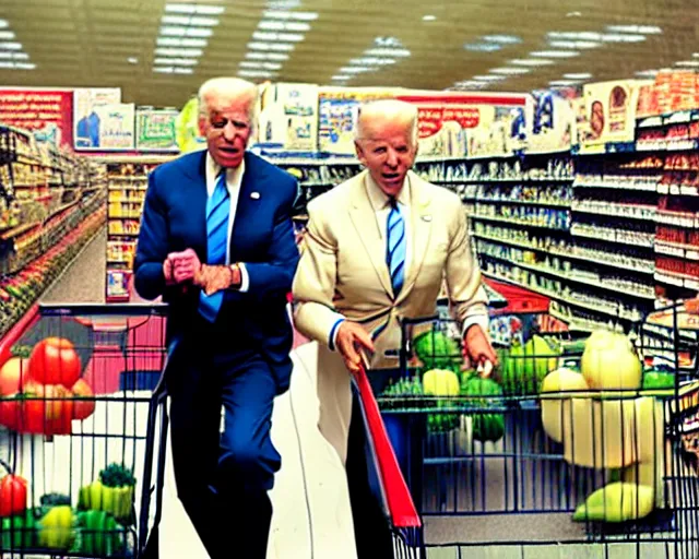 Prompt: joe biden and trump buying groceries. center frame medium shot, shot on technicolor cinemascope 35mm anamorphic lense, flare