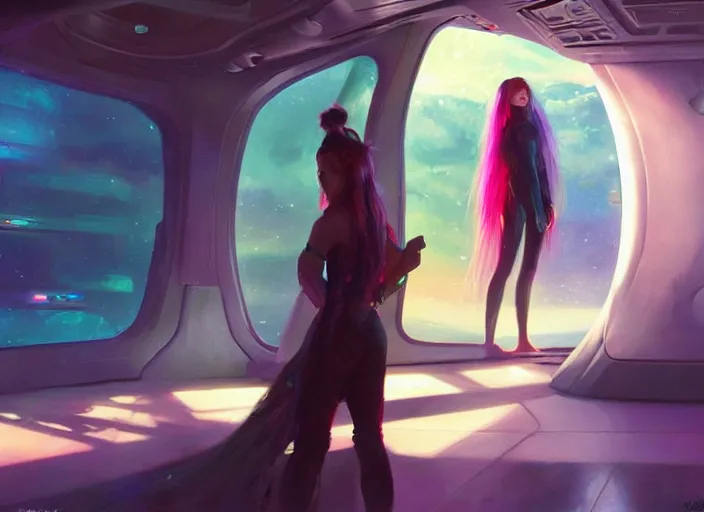 Prompt: a girl with rainbow hair standing in a sci - fi spaceship, official art, by jeremy lipking, by artgerm, realistic expressive oil painting, cgsociety, anime style, detailed spaceship interior, movie still