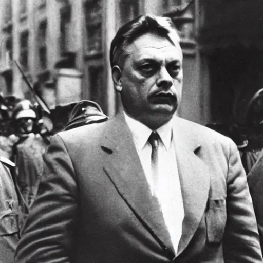 Image similar to leader of fascist hungary, viktor orban, overseeing the war torn city of budapest during the siege 1 9 4 5