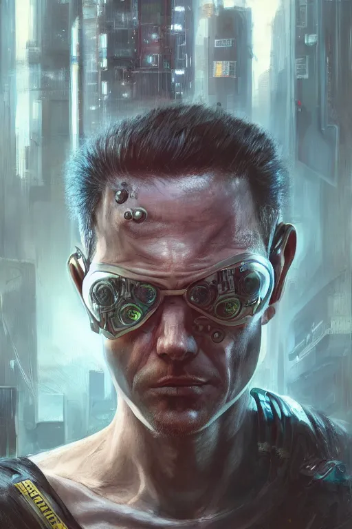 Image similar to illustration of an male cyberpunk character wearing bionic implants, criminal mugshot, mugshot, mugshot, gritty, gritty, highly detailed, oil on canvas, soft lighting, muted, pastel colors, by WLOP and Greg Staples, HD, 4K