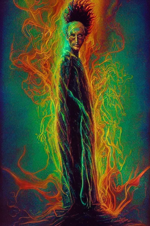 Image similar to scary flame,art by James C. Christensen and Mark Tedin,trending on artstation, luminous lighting high angle view,movie poster,crayon art ,Eraserhead ,iridescent colors,long exposure ,