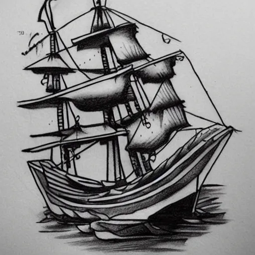 Prompt: realism tattoo design sketch of a pirate ship, in the style of Niki Norberg