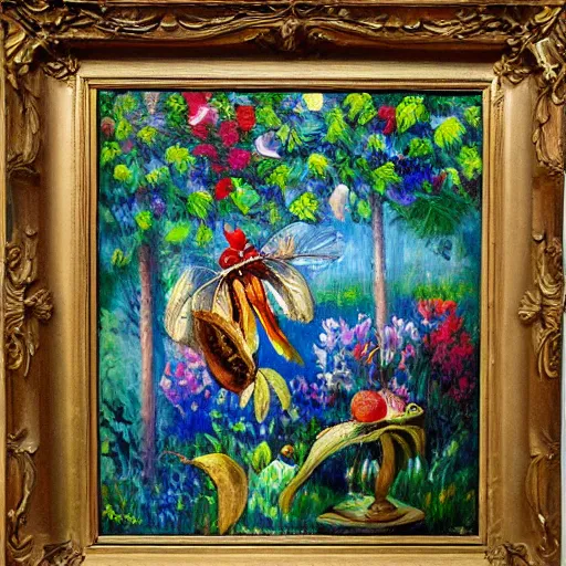 Image similar to oil painting impressionist time flies like an arrow, fruit flies like a banana, whimsical, detailed,