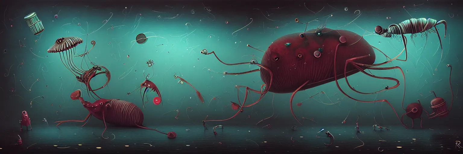 Image similar to whimsical surreal wild plankton creatures, surreal dark uncanny painting by ronny khalil